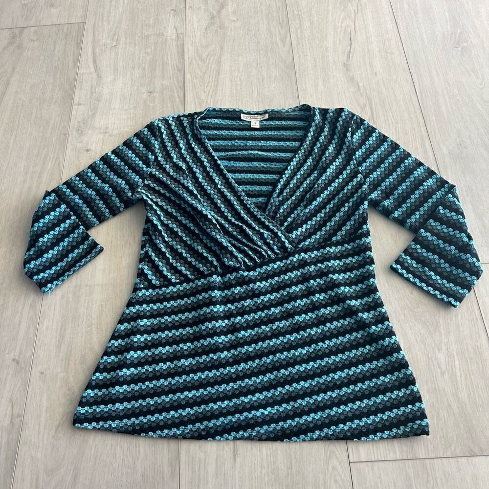 Dana Buchman Blouse of Blue, Gray, & Black with Surplice Neckline Women's Size S